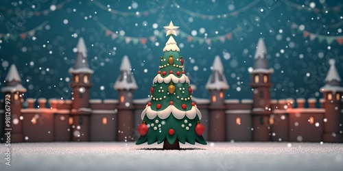 Whimsical Fantasy Christmas Tree in Snowy Village Landscape