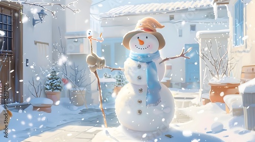 Whimsical Frosty the Snowman in Magical Snowy Courtyard