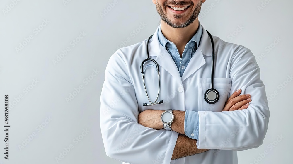 Smiling male doctor in a white coat with a stethoscope, showcasing a friendly demeanor and professionalism. Smiling male doctor in a white coat with a stethoscope, showcasing a friendly demeanor and professionalism.