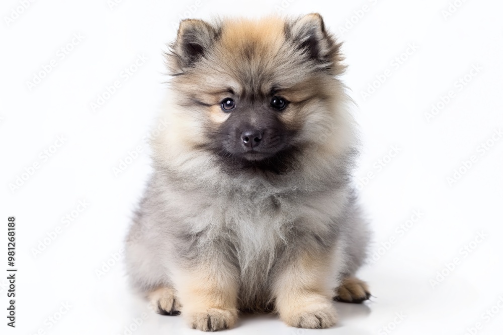 Adorable little fluffy Keeshond puppy with a sweet expression, sitting on a soft white background, providing ample copy space for adding text or design elements.