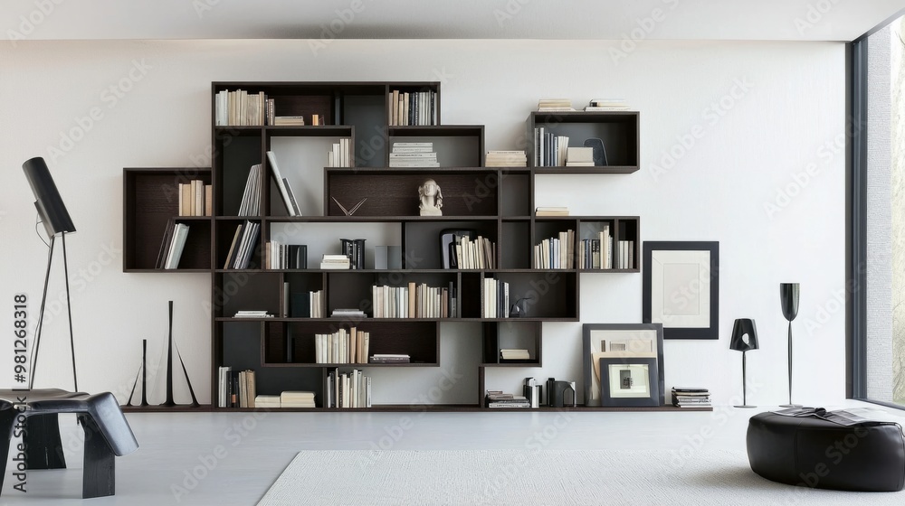 Front view of bookshelf made with natural wood material to furnishing home office. Cabinet with books, magazines, journals and home decor in modern apartment Front view of bookshelf made with natural wood material to furnishing home office. Cabinet with books, magazines, journals and home decor in modern apartment