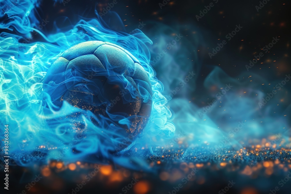 A soccer ball engulfed in blue flames, against a dark background. A soccer ball engulfed in blue flames, against a dark background.
