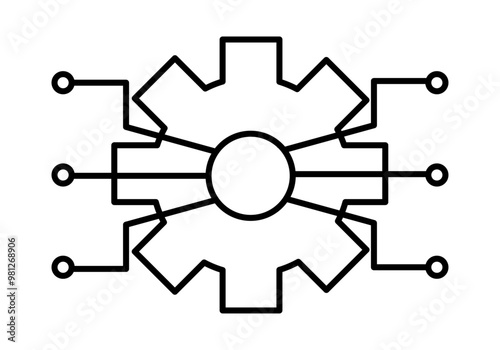 Icono negro de engranaje con conexiones representando el desarrollo.