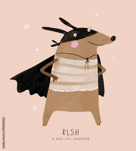 Cute Hero Dog. A Real-life Superhero. Funny Dog Wearing Black Mask and Superhero Cap. Infantile Style Drawing Vector Print ideal for Card, Greeting, Poster, Dog Lovers. Kids' Room Decoration. 