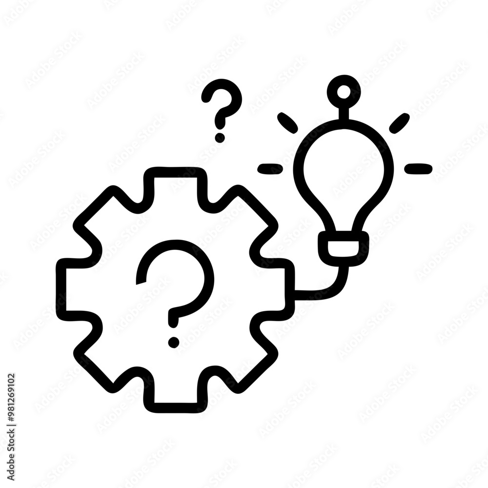 Innovation icon, gear and lightbulb with question mark in black line style with copy space Innovation icon, gear and lightbulb with question mark in black line style with copy space