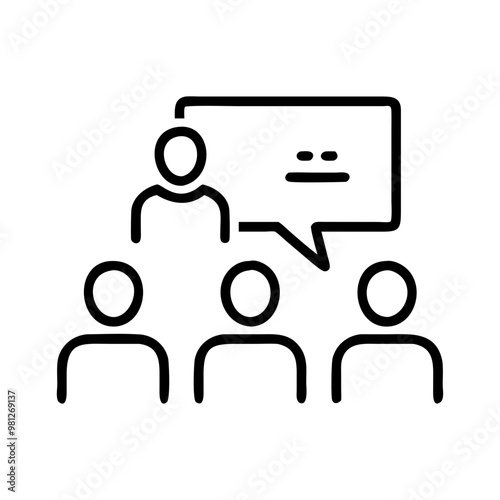 Team meeting icon, group discussion with speech bubble in black line style with copy space