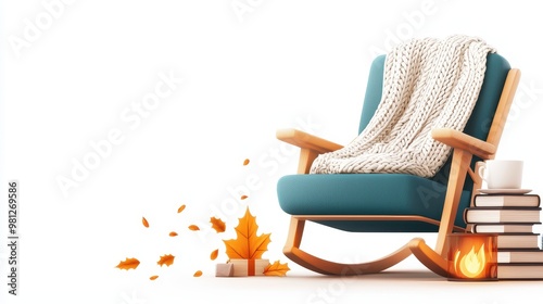 Cozy rocking chair with a warm blanket, books, and autumn leaves, perfect for relaxation in a serene environment.