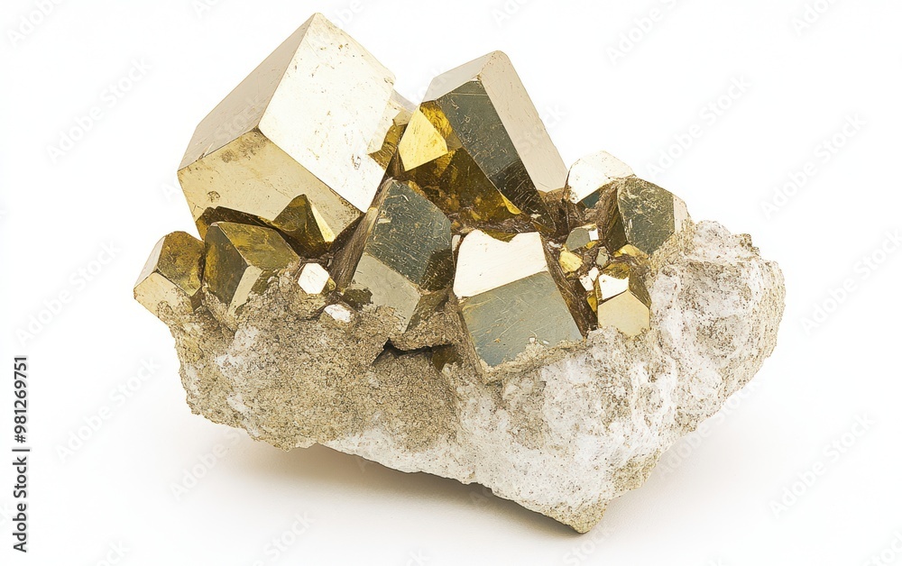 Golden Pyrite Crystal Cluster on White Background Golden Pyrite Crystal Cluster on White Background
