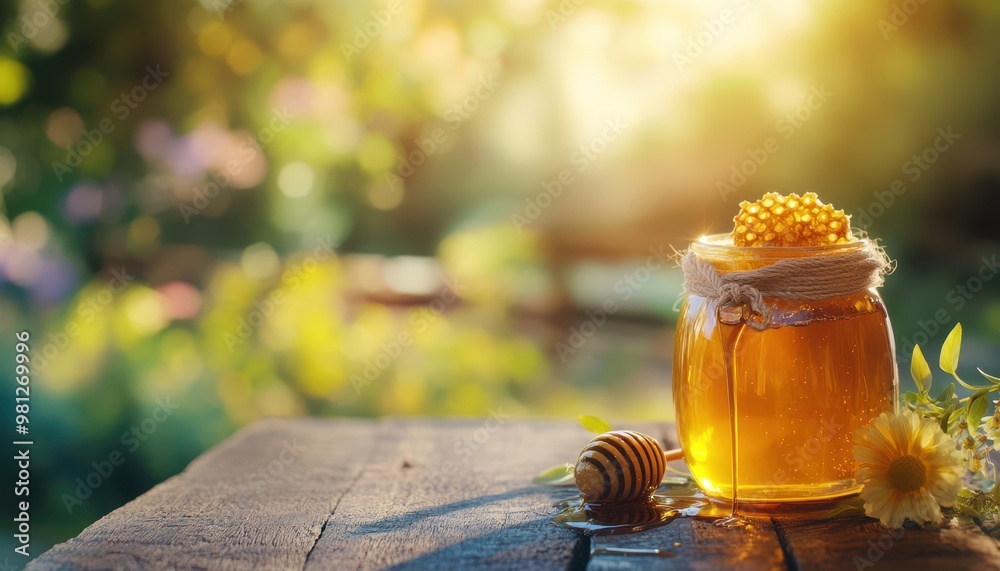 Honey Jar on Wooden Table with Honeycomb  Dipper  and Flowers