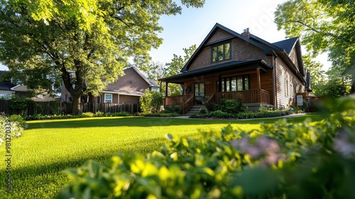 The suburban house exterior with a wellmaintained lawn, wooden siding, and a traditional porch, captured in bright daylight