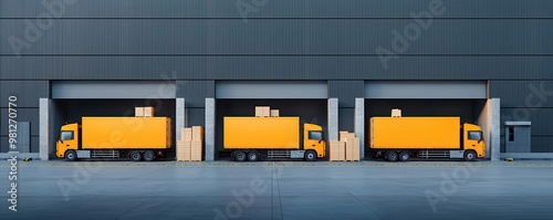 Three yellow delivery trucks parked at a warehouse with cargo boxes, ready for distribution in an industrial setting. photo