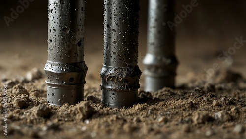 Close-up of spinning drill bits covered in rock dust during mining.