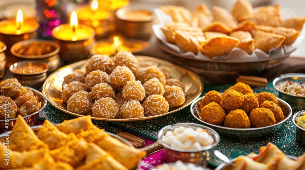Close-up of assorted Diwali delicacies like ladoos, barfis, and samosas on a vibrant table setting Close-up of assorted Diwali delicacies like ladoos, barfis, and samosas on a vibrant table setting