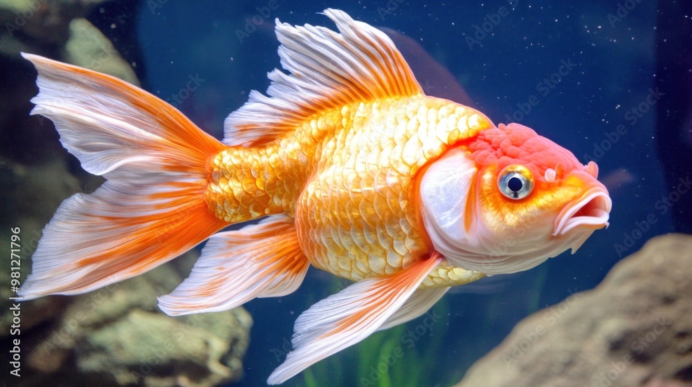A vibrant goldfish glides through its aquarium habitat, showcasing its bright orange and white scales. The surrounding rocks and plants enhance the tranquil underwater scene A vibrant goldfish glides through its aquarium habitat, showcasing its bright orange and white scales. The surrounding rocks and plants enhance the tranquil underwater scene