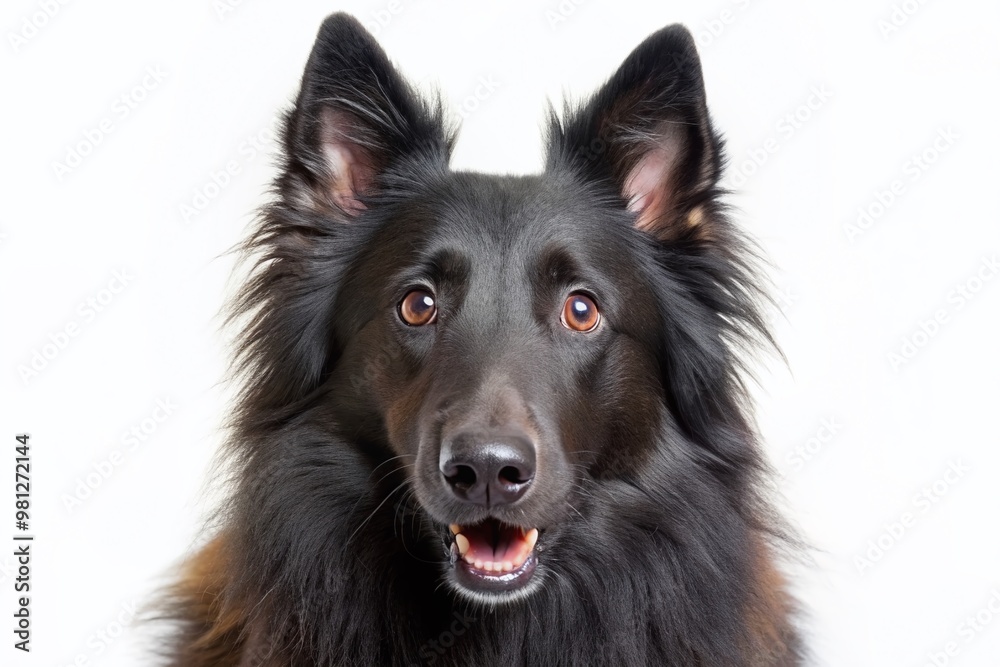 Fototapeta premium Adorable Belgian Sheepdog displays shocked expression, ears perked, fur fluffed, and eyes wide with wonder, isolated on a clean white background, exuding innocent curiosity.
