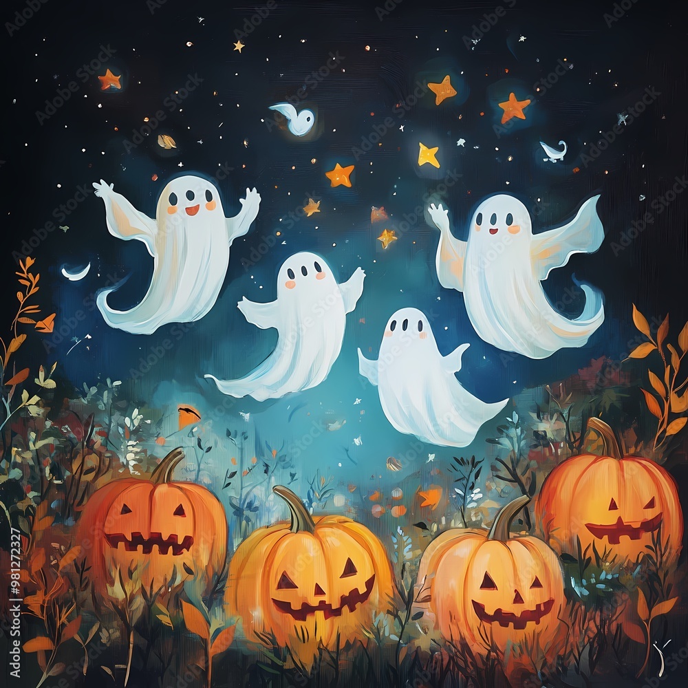 Ghostly Enchantment: Friendly Spirits Celebrating in Starlit Pumpkin Patch