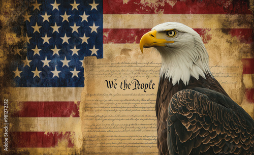 A bald eagle stands in front of the American flag and the words 