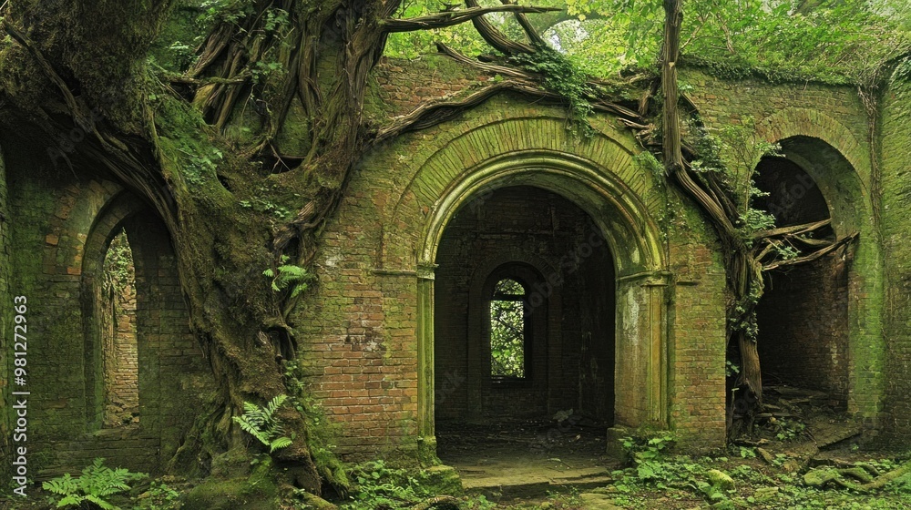 The remnants of an old brick structure are enveloped by vibrant green vines and ferns, creating a serene atmosphere as sunlight filters through the trees surrounding the site