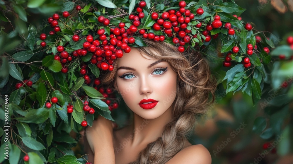 Surrounded by rich green leaves and clusters of bright red berries, a woman with striking features and a lovely braid presents a mesmerizing look in a serene outdoor environment