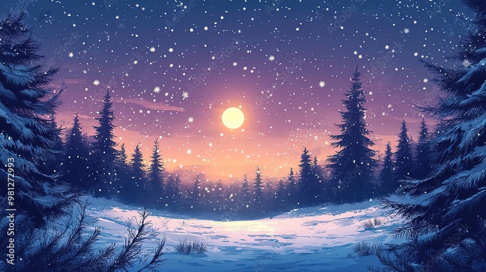 Fototapeta premium A serene winter landscape featuring snow-covered trees, a glowing sun, and falling snowflakes under a twilight sky.