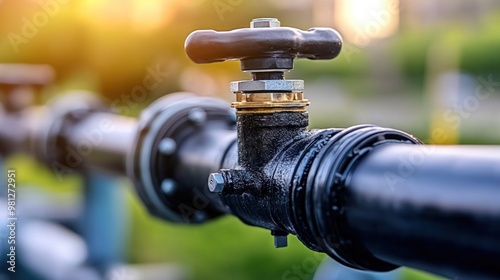 A close-up view of a black metal pipe with a water valve, glistening in the morning sunlight. The scene highlights outdoor plumbing connected to a broader system photo