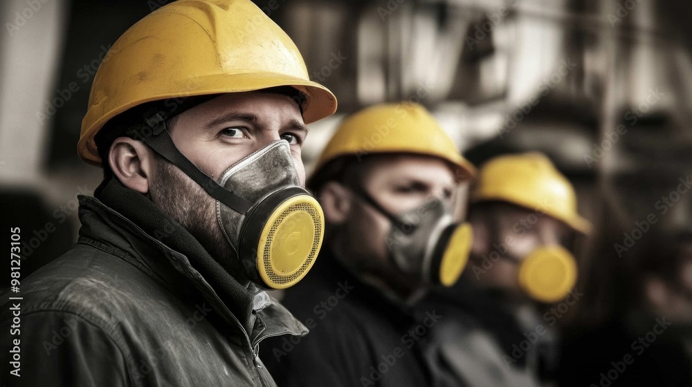 A group of construction workers in yellow hard hats and respiratory masks stands together at the construction site, highlighting the importance of safety in their work environment