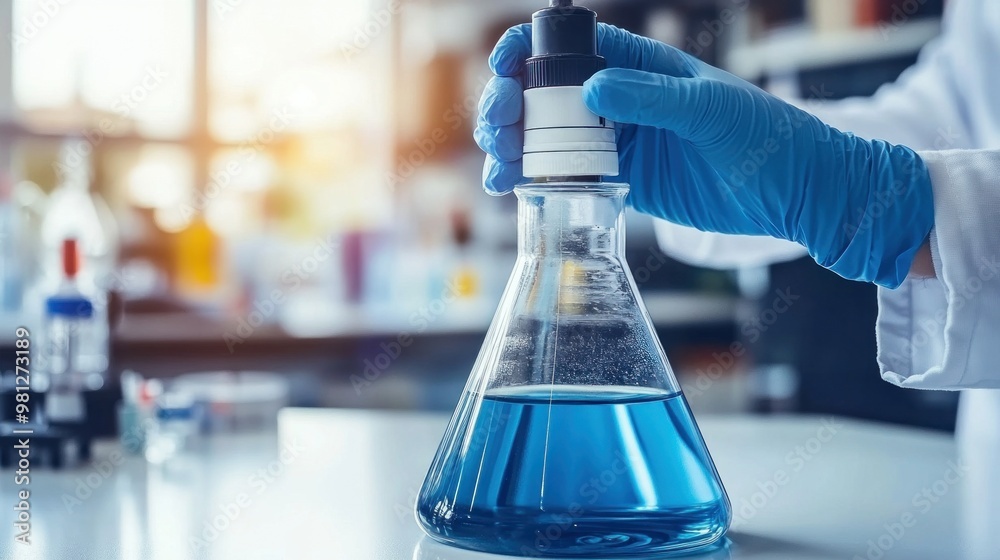 A hand clad in a blue glove carefully handles a flask containing vibrant blue liquid. The workspace is filled with lab equipment, sunlight streaming through large windows A hand clad in a blue glove carefully handles a flask containing vibrant blue liquid. The workspace is filled with lab equipment, sunlight streaming through large windows