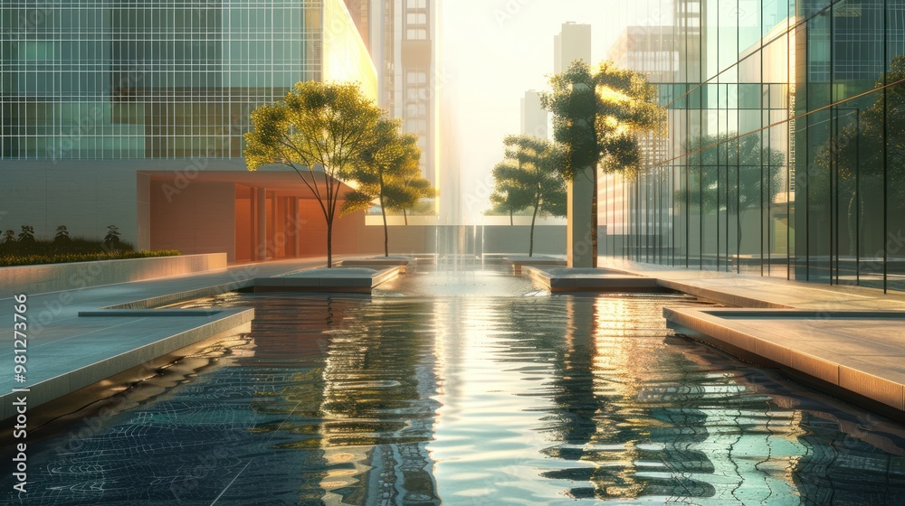 Fototapeta premium Modern Cityscape with Water Feature
