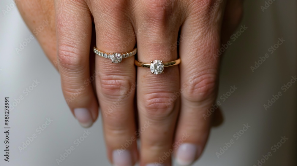 A close-up view reveals a woman's hand adorned with two stunning diamond rings, featuring intricate designs and brilliant gemstones sparkling under soft light A close-up view reveals a woman's hand adorned with two stunning diamond rings, featuring intricate designs and brilliant gemstones sparkling under soft light