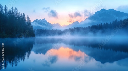 Misty Mountain Lake at Dawn with Reflections