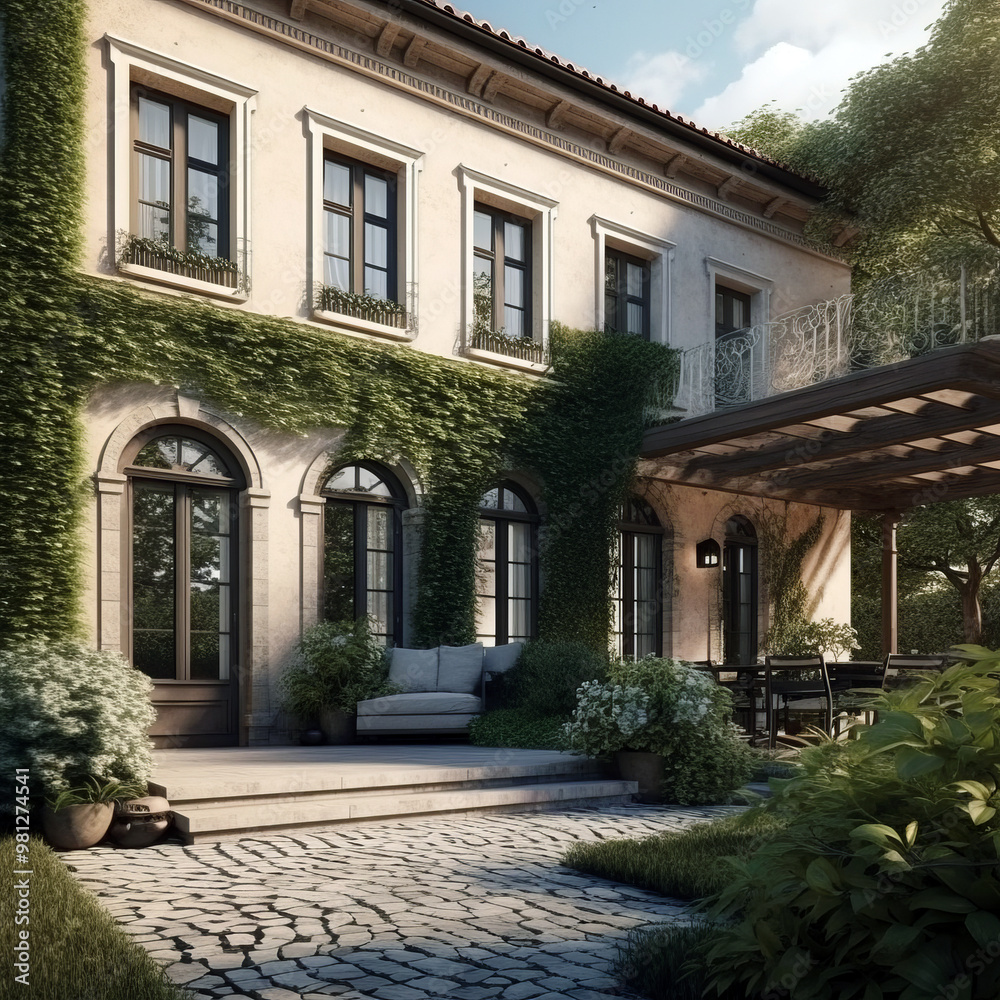 Elegant villa with arched windows, ivy-covered walls, and a cozy outdoor seating area, complemented by a shaded pergola and lush garden plants on a cobblestone patio. Elegant villa with arched windows, ivy-covered walls, and a cozy outdoor seating area, complemented by a shaded pergola and lush garden plants on a cobblestone patio.
