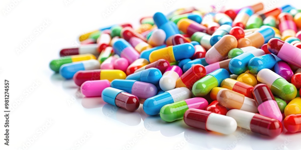 Colorful pills in a pile on a white background, medicine, prescription, pharmaceuticals, vitamins, healthcare, health Colorful pills in a pile on a white background, medicine, prescription, pharmaceuticals, vitamins, healthcare, health