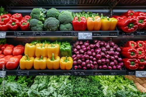 A variety of fresh vegetables arranged on shelves, showcasing their bright colors and freshness