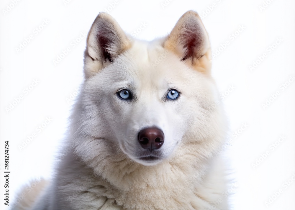 Obraz premium Majestic white Siberian husky dog with piercing blue eyes and wolf-like features poses on a clean white background, showcasing its creamy coat and regal demeanor.