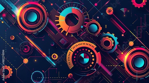 Abstract digital technology background with gears and arrows in colorful colors on a black background, illustration design for a banner or poster.