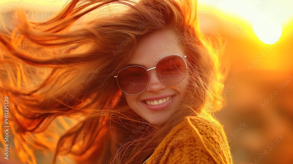 The young woman smiles brightly as warm sunlight illuminates her face and flowing hair. Her sunglasses reflect the golden hues of the sunset, enhancing the joyful moment The young woman smiles brightly as warm sunlight illuminates her face and flowing hair. Her sunglasses reflect the golden hues of the sunset, enhancing the joyful moment