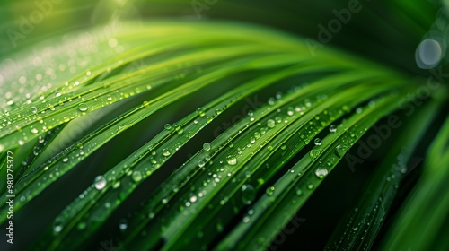 Close-up of a green palm leaf covered with drops of dew or rain. The leaf looks fresh and bright, drops of water glisten on its surface, creating a feeling of freshness and natural purity