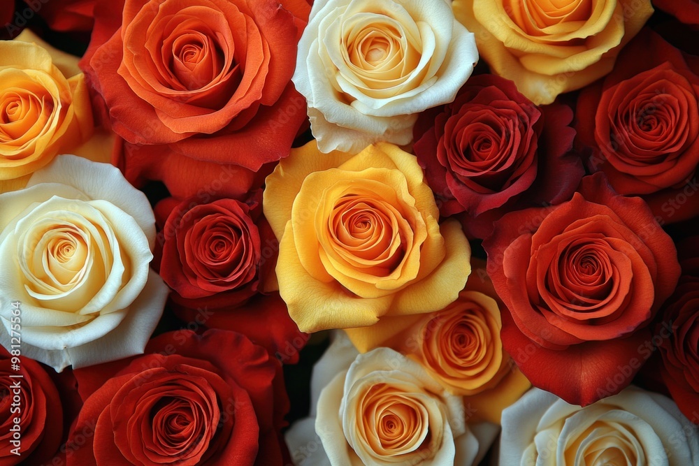 Bright, vibrant roses in red, yellow, and white fill the display at a grocery store Bright, vibrant roses in red, yellow, and white fill the display at a grocery store