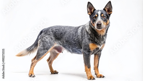 A majestic Australian Cattle dog with distinctive blue-gray coat and piercing brown eyes stands alertly on a pristine white background, showcasing its muscular build. photo