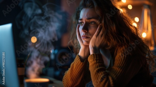 In a cozy setting illuminated by soft lights, a young woman rests her head in her hands, overwhelmed with stress as she focuses on her computer screen amid rising steam from her coffee