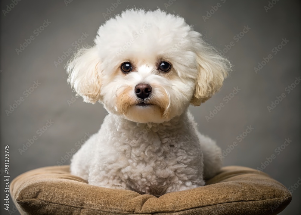 Adorable fluffy white bichon frise dog with curly fur and big brown eyes sits on a soft cushion, looking directly at the camera with innocence. Adorable fluffy white bichon frise dog with curly fur and big brown eyes sits on a soft cushion, looking directly at the camera with innocence.