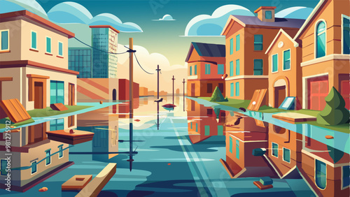 Colorful and detailed illustration of floodwaters in a modern residential neighborhood, ideal for climate change and disaster prevention themes.