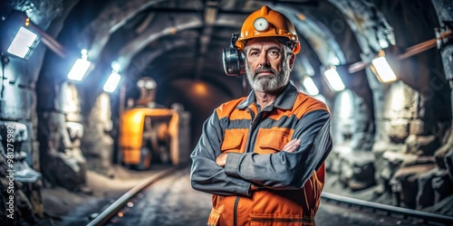 Coal mining worker in hard hat and overalls standing in front of mining equipment in an underground mine, coal, mining