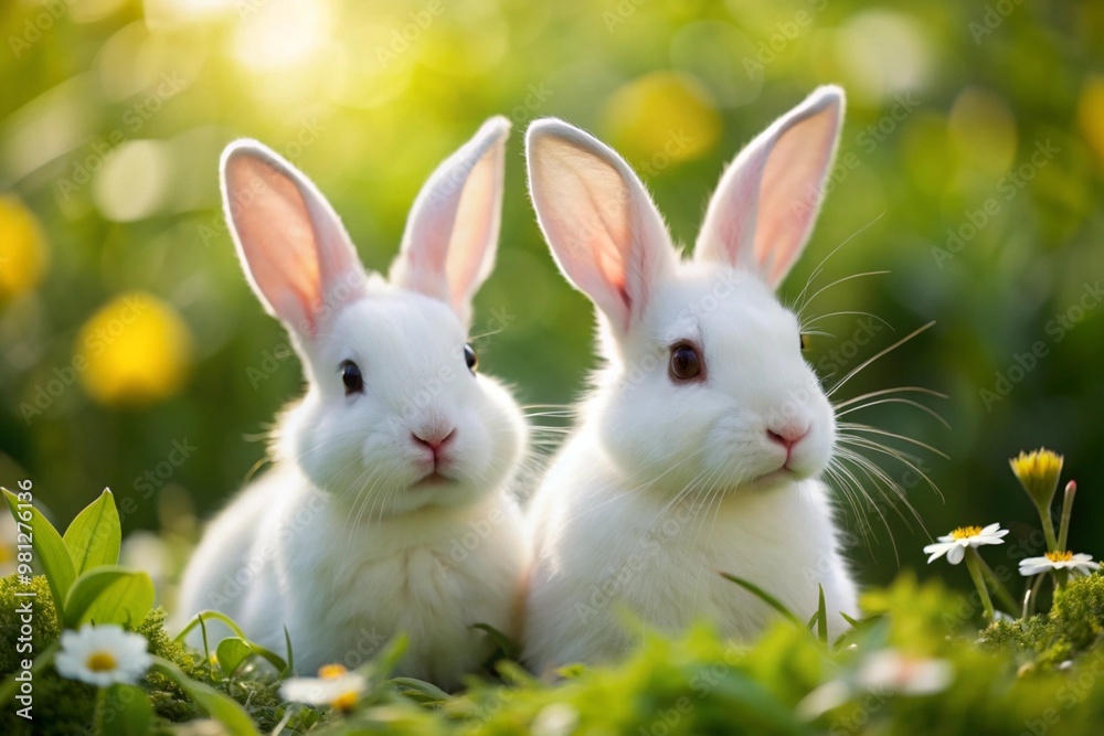 Obraz premium Two White Rabbits in Sunlit Meadow