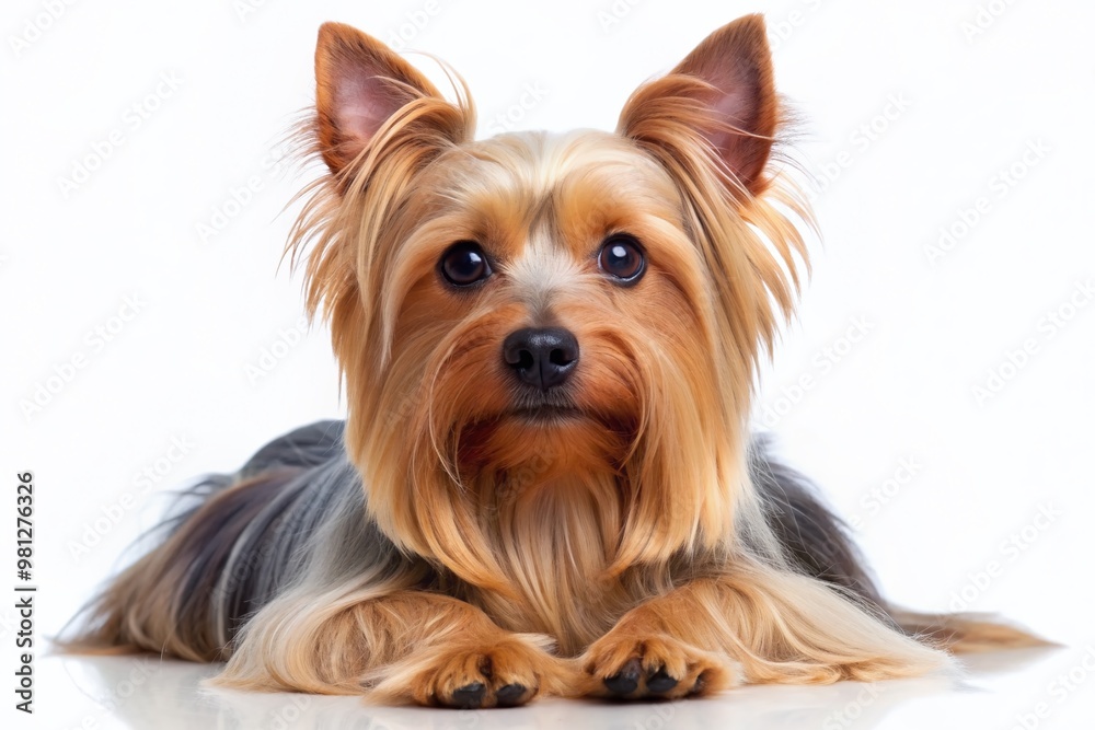Adorable silky terrier lies flat, showcasing its lustrous tan coat and alert black-tipped ears, highlighting its dainty features and focused, endearing expression. Adorable silky terrier lies flat, showcasing its lustrous tan coat and alert black-tipped ears, highlighting its dainty features and focused, endearing expression.