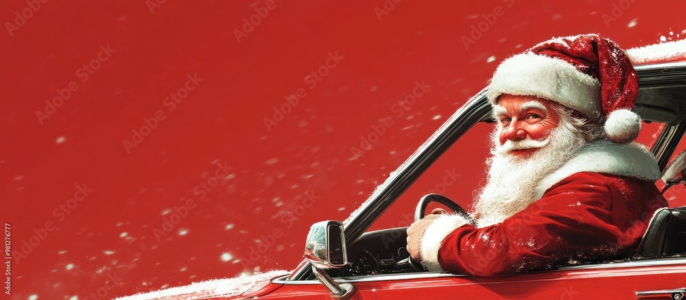 Santa rides in a snowy red car, joyful and festive.