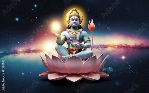 A 3D rendering of Hanuman, the Hindu monkey god, sitting in a lotus pose, against a starry sky background.