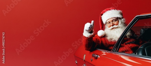 Festive Santa giving a thumbs up from his red car