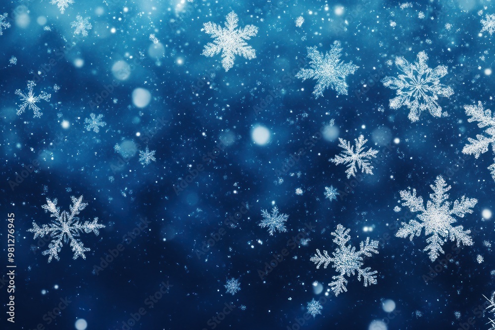 Sparkling White Snowflakes Falling on a Deep Blue Background Sparkling White Snowflakes Falling on a Deep Blue Background