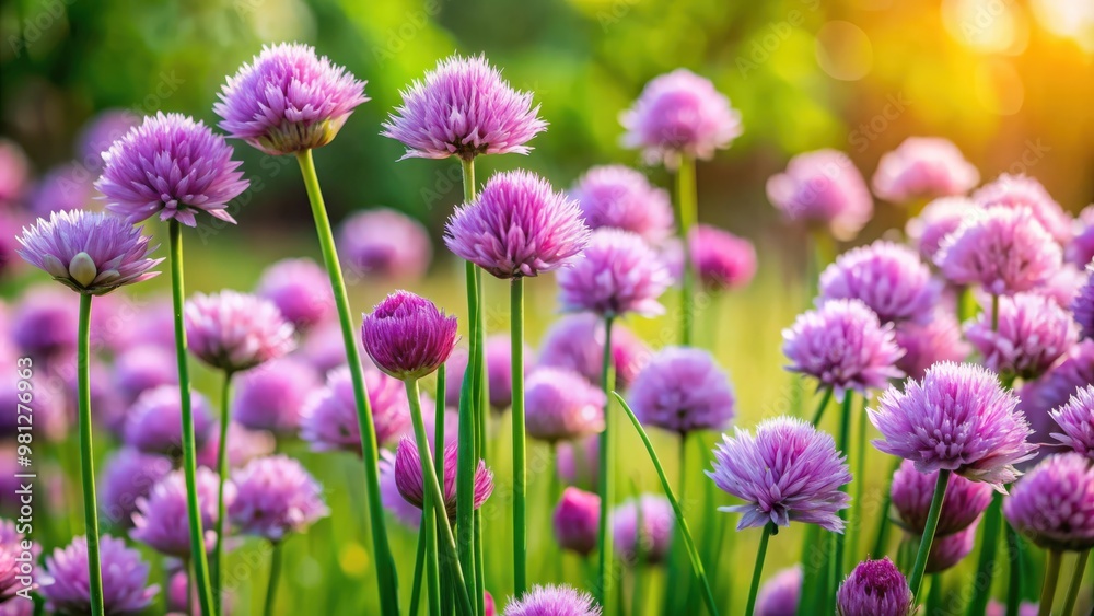 Chives flowers blooming in a vibrant garden , blooming, chives, garden, flowers, herbs, green, purple, plant, nature, outdoor Chives flowers blooming in a vibrant garden , blooming, chives, garden, flowers, herbs, green, purple, plant, nature, outdoor